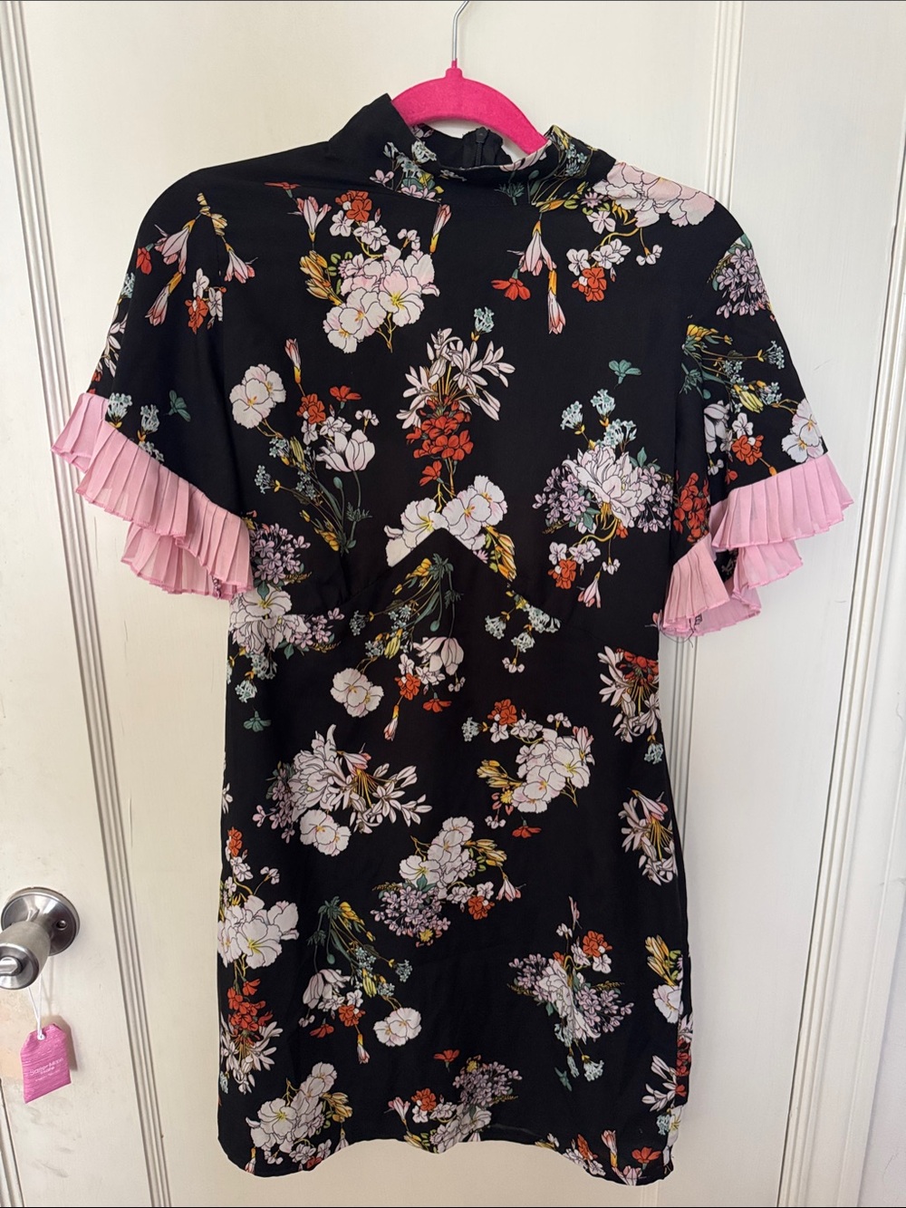 Nasty Gal Black Floral Mini Dress with Pink Ruffle Sleeves